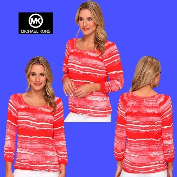 MICHAEL Michael Kors NEW CORAL REEF Dopamine Tie Dye Stripe Peasant Blouse PS - Picture 3 of 11